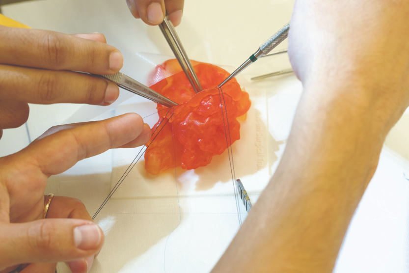 Surgeons practice suturing on a Stratasys advanced medical models 3D printed heart model.