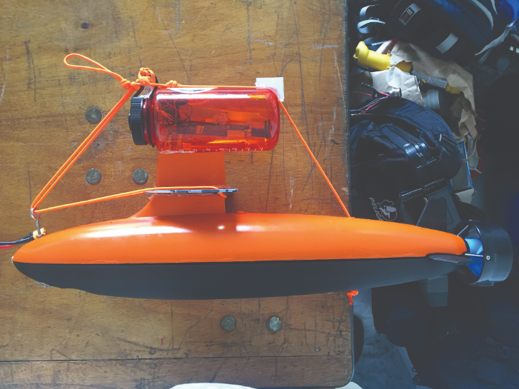 Deployable submarine with camera, encased in 3D printed material.