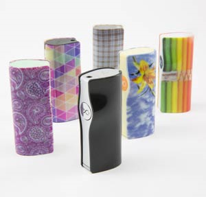 Functional product-matching prototypes for mobile charger sleeve with different color textures 3D printed on the Stratasys J750 3D Printer