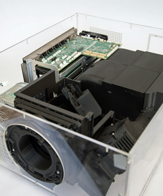 This mockup projector has a combination of 3D printed
and production components.  