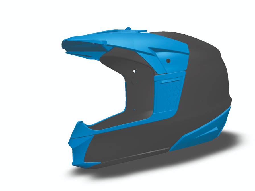 Render of CAD’s helmet redesign highlighting
a new camera mount, neck brace piece and
mouthpiece in blue.