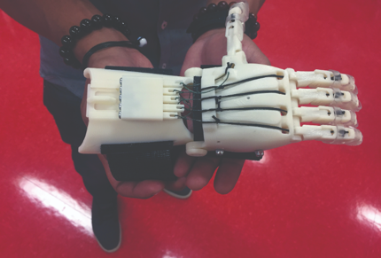 Anatomical hand designed and 3D printed by QCC mechanical engineering student Kevin Hernandes.