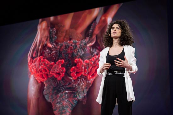 Neri Oxman’s lauded TED Talk reveals Stratasys 3D printed wearable designed to host living matter. Photo credit: Bret Hartman, courtesy of TED.