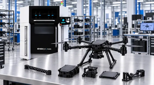 생산 현장의 Stratasys F3300과 함께 테이블 위에 놓인 드론 및 부품