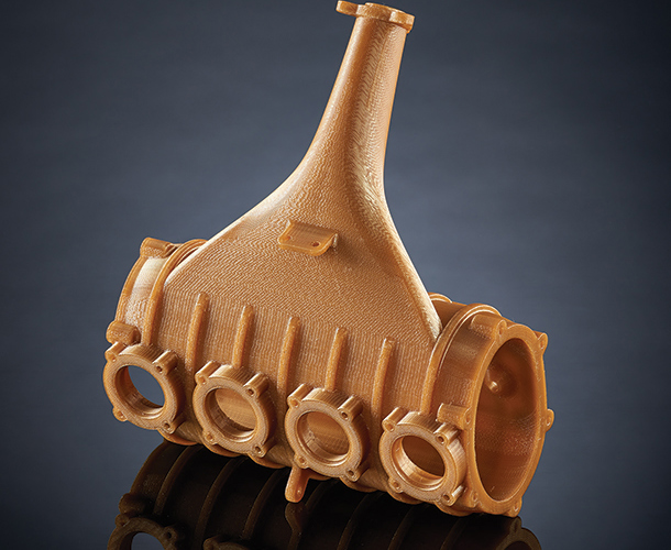This functional prototype of an automotive intake manifold demonstrates ULTEM™ 1010 resin’s rugged capabilities: the highest heat resistance, chemical resistance and tensile strength of any FDM® material. ULTEM™ 1010 resin combines excellent strength with thermal stability for advanced tooling, biocompatibility and food-contact certification.