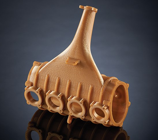 This functional prototype of an automotive intake manifold demonstrates ULTEM™ 1010 resin’s rugged capabilities: the highest heat resistance, chemical resistance and tensile strength of any FDM® material. ULTEM™ 1010 resin combines excellent strength with thermal stability for advanced tooling, biocompatibility and food-contact certification.