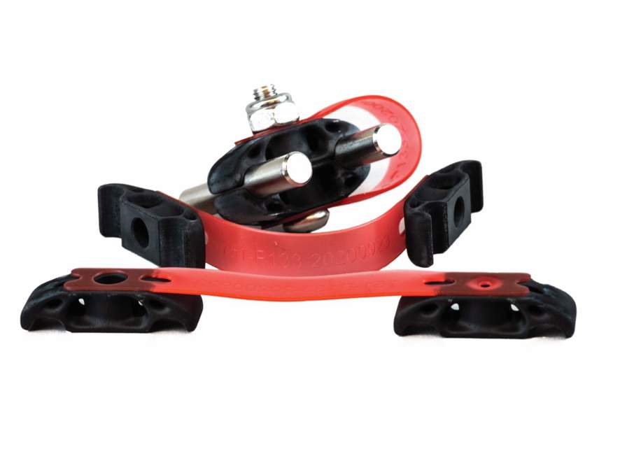 Final clamp revision with a printed-on elastomer tether for ease of installation.