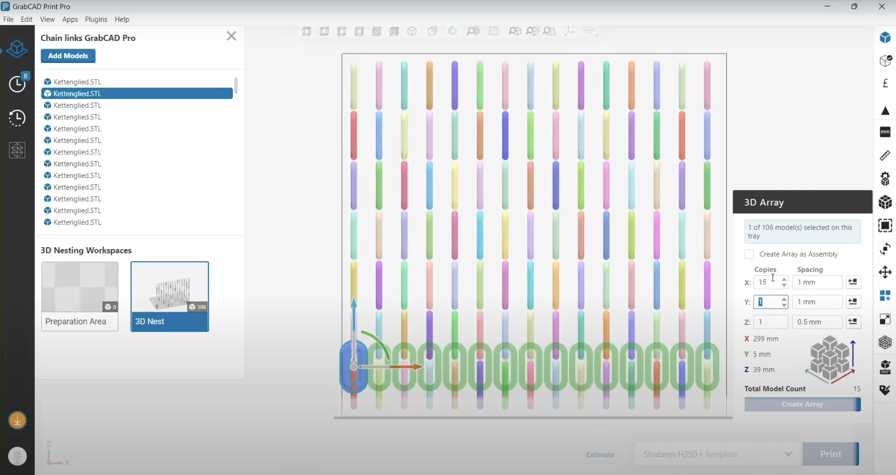 A chain 3D printed using SAF material on GrabCAD software