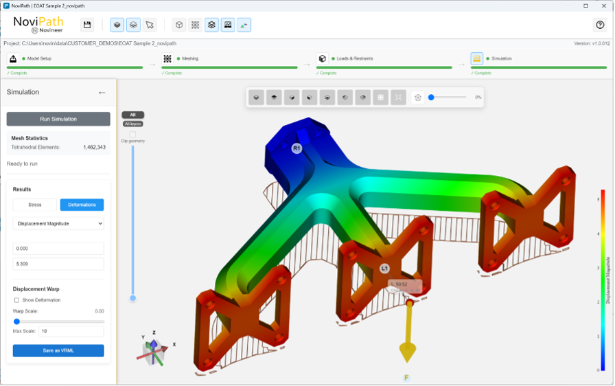 NoviNeer simulation results with displacement