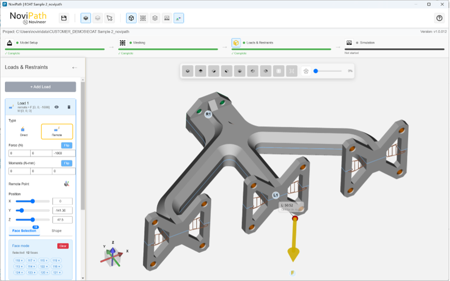 NoviNeer software applying loads and restraints by selecting faces along bolt holes