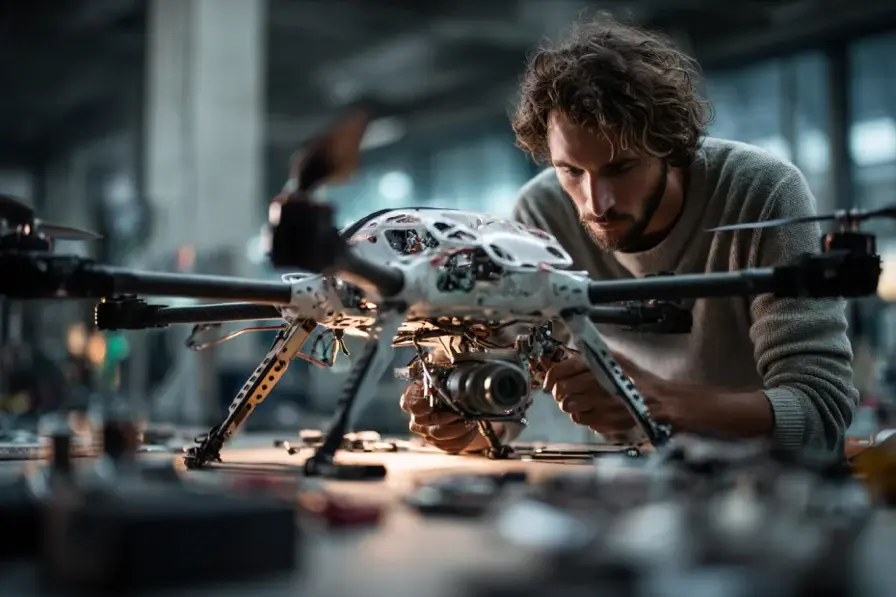 An engineer assembling a 3D printed VTOL drone.