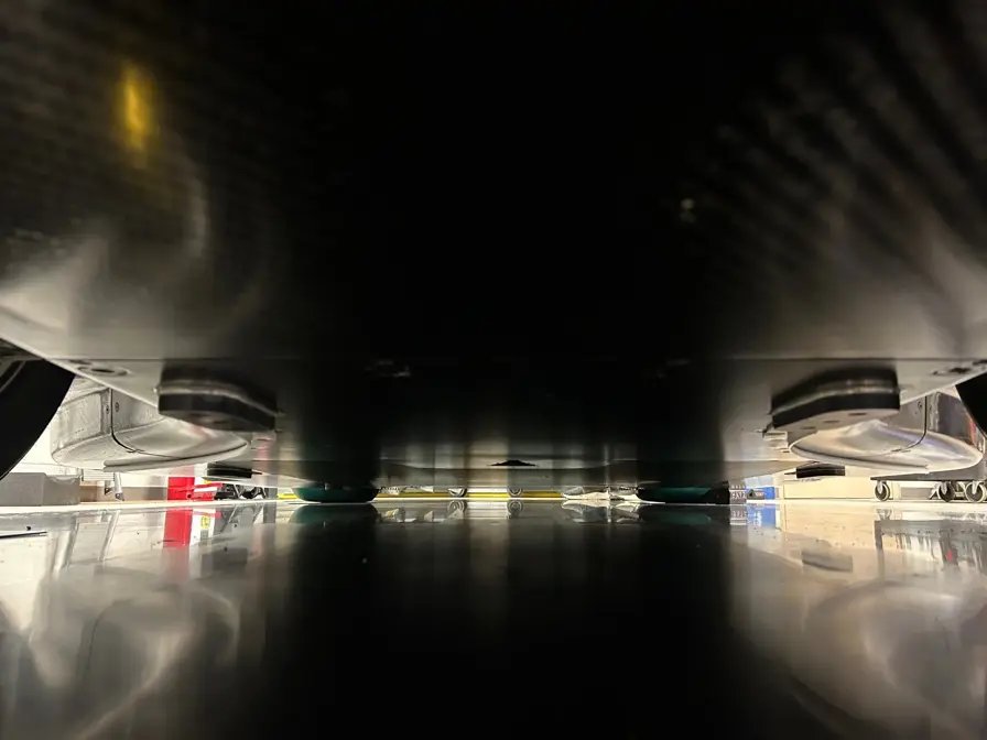 Close up of 3D printed strakes on underneath of car